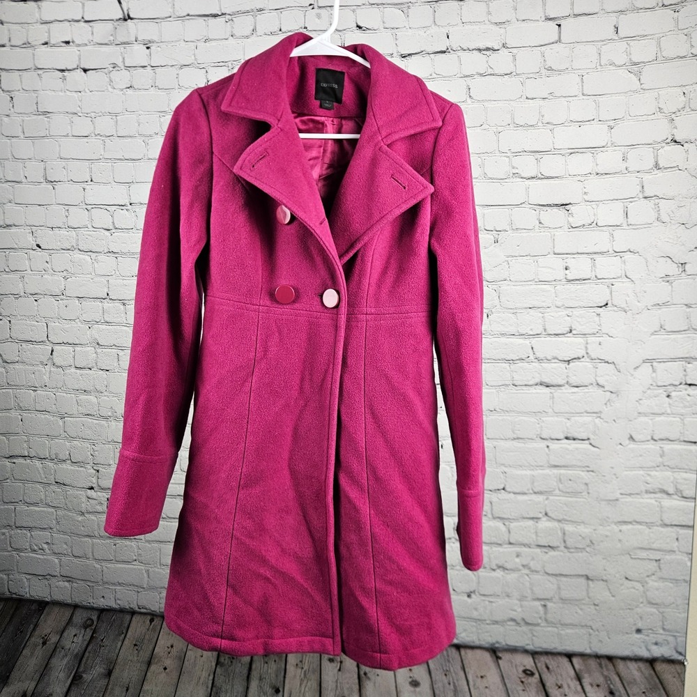 Express Magenta Pink Wool Blend Double Breasted Peplum Pea Coat Small